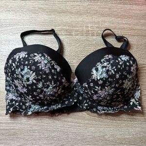 Victoria's Secret Dream Angels Lined Demi Bra Black Floral Lace, Size 32DD